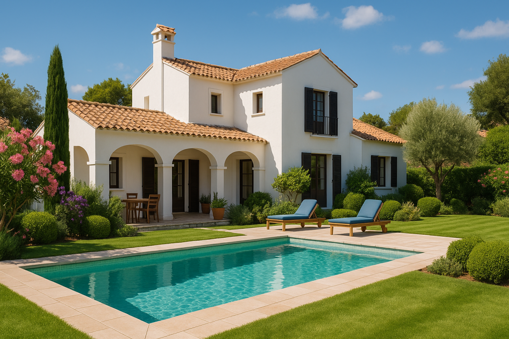 Mediterranean-style white villa with terracotta roof, private garden and swimming pool in Spain