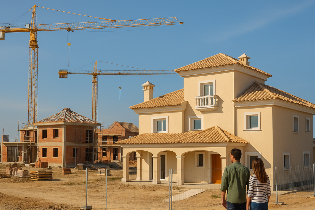 Photo of a Spanish-style housing development with cranes and workers, illustrating the off-plan property market in Spain and the importance of legal protection for buyers.